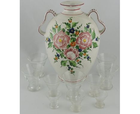 A part set of Art Deco style water glasses, en suite with further smaller glasses of conical tapering form and engraved with 