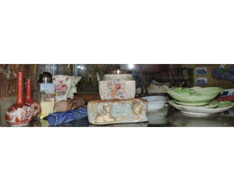 Four Carltonware foxglove leaf dishes, a Sandlandware plate mounted sugar sifter, Worcester spill vase, a pair of Kutani stem