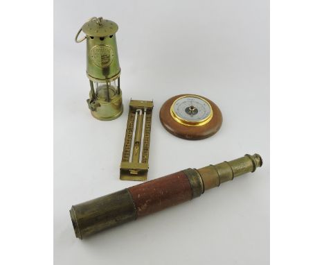 A 19th century three drawer telescope by P & P Gally, London, together with a Davy lamp, barometer and twin-scale thermometer