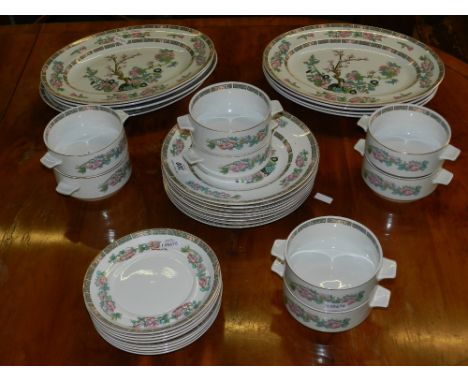 A Midwinter part porcelain dinner service, printed with roses within Greek key, to include eight bowls with saucers and eight