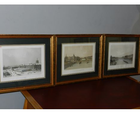 Three polychromatic lithographs of Parisian architectural scenes, 20th century. H: 23cm W: 36cm 