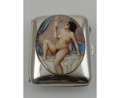 A silver card case, hallmarked Birmingham, set with later enamel plaque depicting a nude female. 