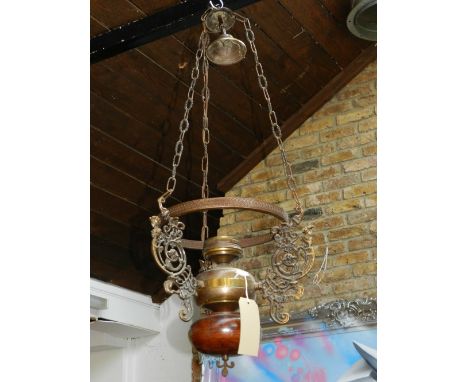 A Dutch style brass and turned wood hanging ceiling light, D. 33cm