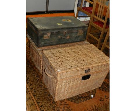 An early 20th century wicker laundry hamper, stenciled 'Dartmouth' and bearing a Dartmouth Steam Laundry tag, together with a
