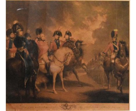 A coloured etching print of His Majesty viewing the Volunteer Guards, framed and glazed. H 75.5cm  W 86cm