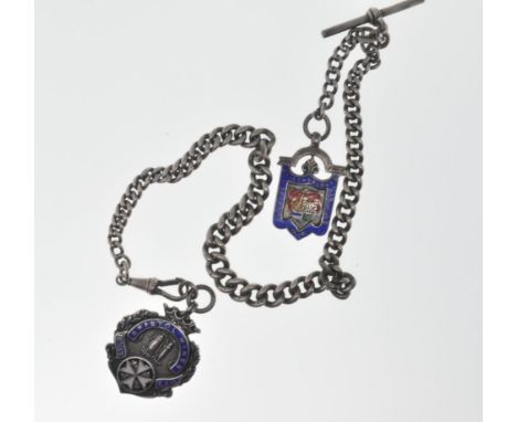 An early 20th century silver hallmarked Albert chain ‘ pocket watch chain compete with two silver and enamel fobs. The chain 