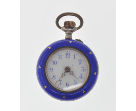 An early 20th Century Swiss pocket fob watch having a blue guilloche enamelled case being painted with pink flowers and gilt 