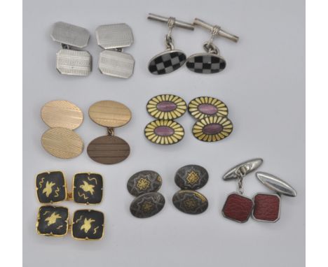 A collection of vintage gentleman's cufflinks to include a pair of silver enamelled flower cufflinks, a pair of silver cuffli