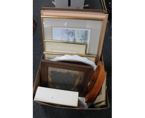 A box of pictures and prints, signed colour print, wooden mirror etc 