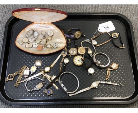 A collection of lady's wristwatches and watch faces including Rotary, Bulova etc, together with a silver and enamel Isle of M