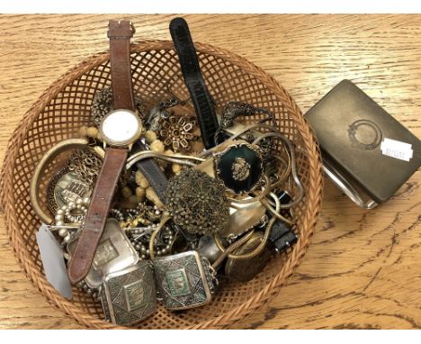 A basket of costume jewellery, wristwatches, trinket box etc