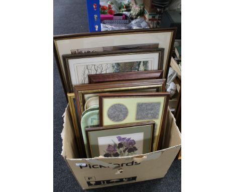 A box of pictures and prints, colour print of Durham Cathedral etc 