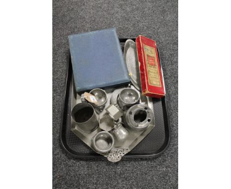 A tray of cased cutlery and antique pewter, tankard, napkin rings, inkwell etc 