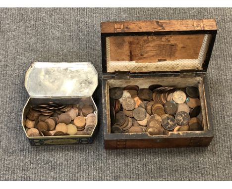 A Victorian trinket box and a tin containing Victorian and later English copper coins
