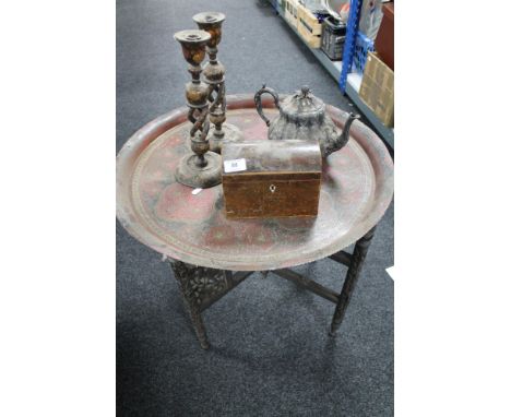 A Victorian tea caddy, pair of candlesticks, silver plated teapot, tray on stand 