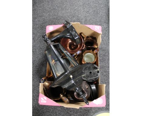 A box of antique copper lustre china, metal wall light 