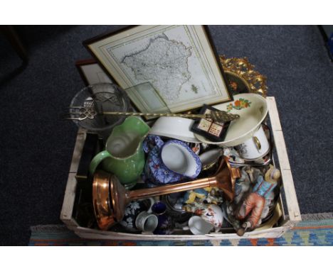 A box of tea china, porcelain figure, map of Durham, Ringtons blue and white chintz etc 