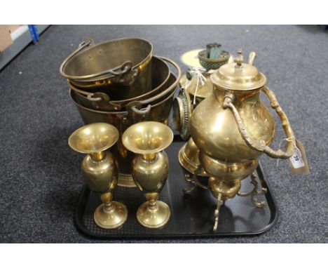 A tray of brass buckets, brass lamp, pair of vases etc 