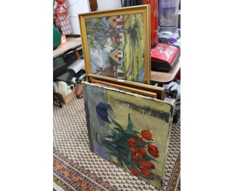 A gilt framed tapestry together with oil paintings 