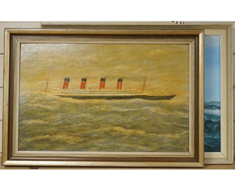 Two oils comprising John Hewitt (1922-2006), Choppy seascape and Naïve English school, Study of a steamship, 30 x 46cm