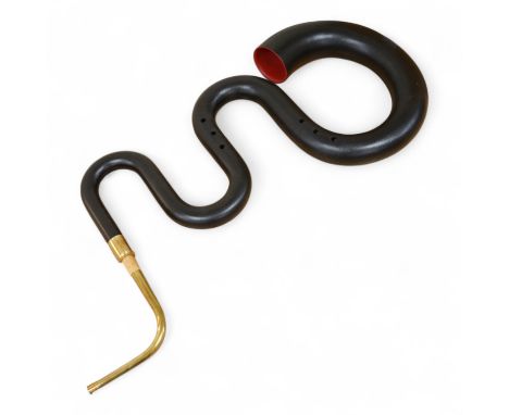 A black painted serpent open hole wind musical instrument, with brass neck (missing mouthpiece).