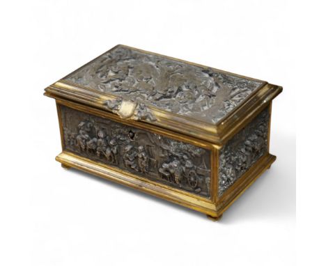 A late 19th century French gilt copper jewellery casket with electrotype relief panels, stamped A B Paris to the base, with k