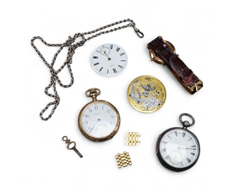 A late Victorian silver open faced keywind pocket watch, together with a Waltham gold plated pocket watch and six other items
