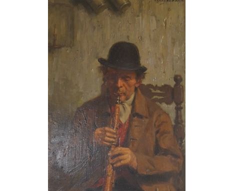 Henry Kokken (Belgian, 1860-1941), Study of a man playing the clarinet, signed, oil on board, 34 x 25cm, ornate framed
