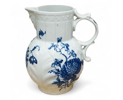 A Caughley blue and white transfer printed mask jug, c. 1780, 21cm high