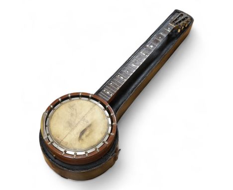 A rosewood banjo with mother of pearl inlay, cased