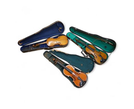 Three cased violins; a German Dresden violin, supplied by Campbell and co., Glasgow, together with another Dresden Stradivari
