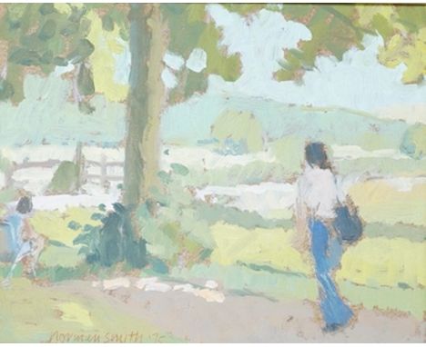 Norman Smith (1910-1996), 'Along the footpath', signed and dated '75, Impressionist oil on board, 18 x 23cm