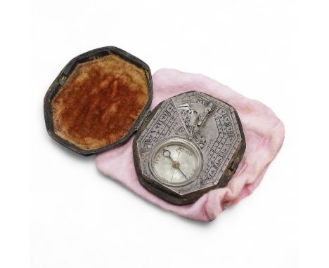 An early 18th century French silvered Butterfield pattern pocket sundial by Bion, Paris, with engraved octagonal plate and th