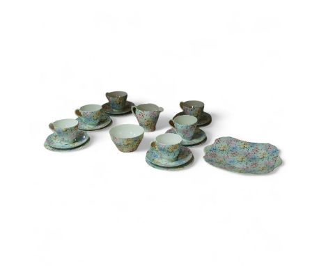 A Shelley ‘Melody’ porcelain six cup tea set, teapot missing, cake plate 25cm square (21)