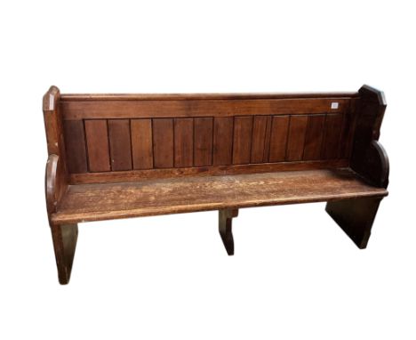 A Victorian pitch pine pew, width 174cm, depth 46cm, height 91cm
