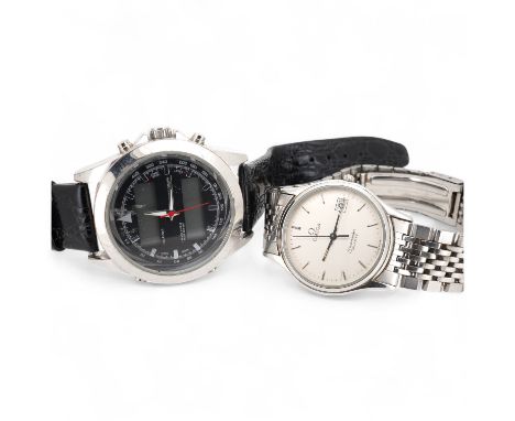 A gentleman's 1980's stainless stell Omega Seamaster quartz wrist watch, with baton numerals and date aperture, case diameter
