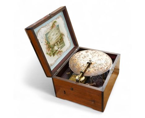 A late 19th century Monopol disc music box in a mahogany case, to play discs 19cm diameter, together with twelve discs, plus 