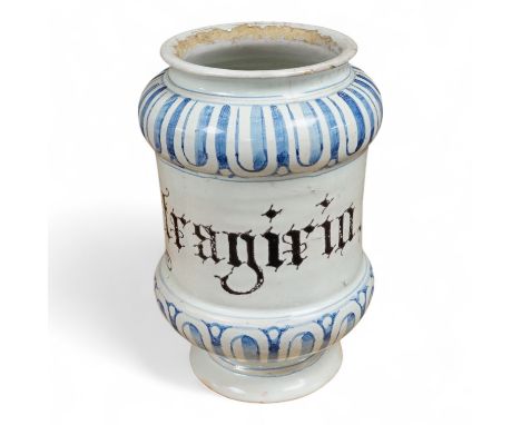 An 18th century Savona maiolica Albarello, inscribed in Manganese, 19cm high