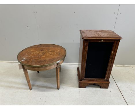 A French Transitional style circular marquetry inlaid coffee table, diameter 59cm, height 46cm together with a walnut speaker