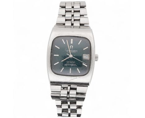 A gentleman's 1970;s stainless steel Omega Constellation automatic wrist watch, wit baton numerals and date aperture, case di