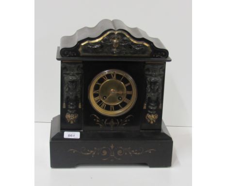 A heavy black marble Victorian Mantle Clock, with gilt decoration and attractive brass mounts. (1)