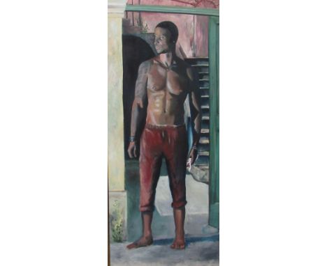"Sid" 21st Century Caribbean School"Full length Portrait of a black man standing in a Doorway," signed and dated 2012, approx