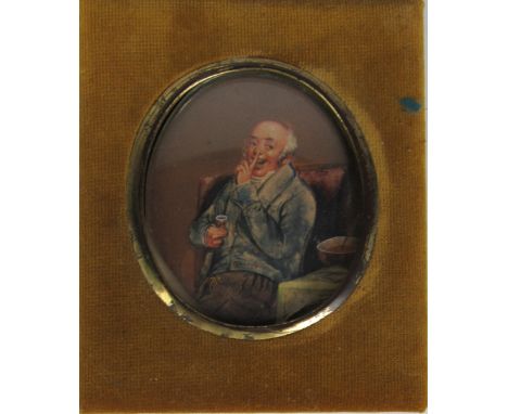 19th Century English SchoolMiniature: "Portrait of Man seated by a Table holding a Glass," watercolour, in velvet frame. (1)