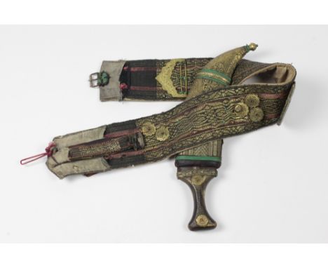 A rare 19th Century Middle Eastern Yemeni Jambiya Dagger, with embroidered and decorated belt and scabbard, approx. 30cms (12