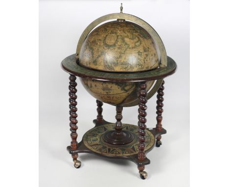 An unusual Drinks Cabinet, in the shape of a Globe on a stand, with lift top on barley twist supports, approx. 103cms (40 1/2