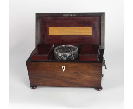 A late Georgian period casket shaped figured mahogany Tea Caddy, with original canisters and fine cut glass mixing bowl, with