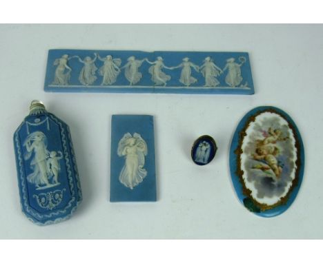 A small 19th Century Wedgewood Jasperware Scent Flask, two small similar panels, a silver plated Ring with similar inset pane