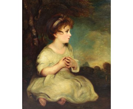 After Sir Joshua Reynolds"The Age of Innocence," portrait of a young girl in a romantic landscape, O.O.C., bears signature, a