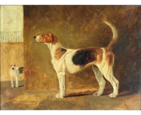 19th Century English School"Portrait of a Beagle Dog, 'Milton Gaiety'" standing in a stable, another dog beyond, oils on boar