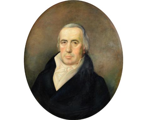 19th Century English SchoolA large oval "Portrait of a grey haired Gentleman in dark jacket with white collar," O.O.C., appro